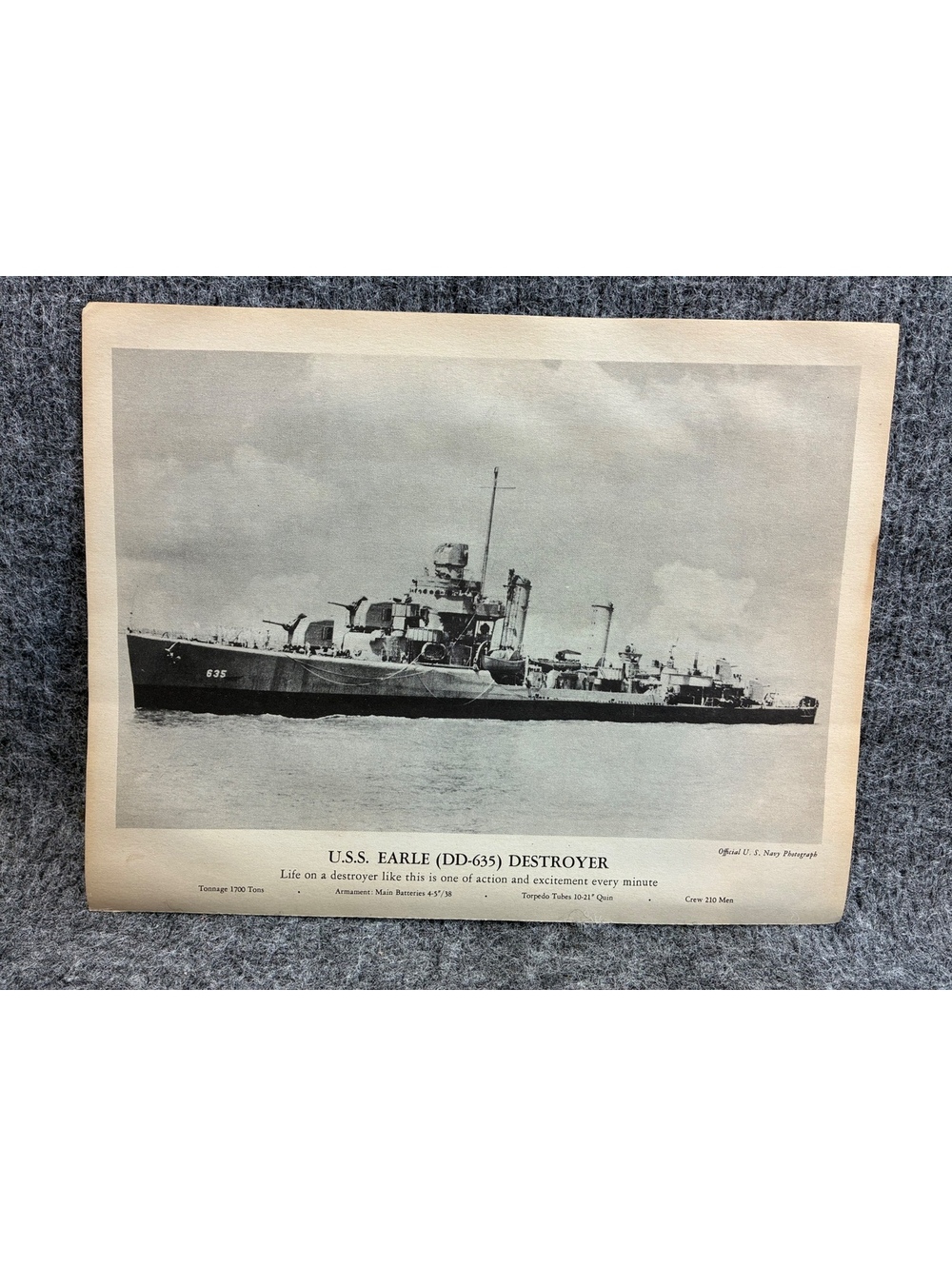 Vintage U.S.S. Earle (DD-635) Destroyer Official U.S. Navy Photograph Print